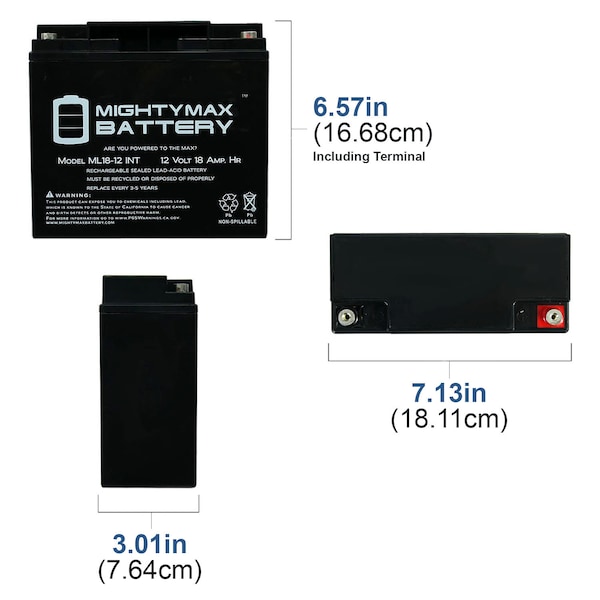 Mighty Max Battery 12V 18AH SLA Internal Thread Replacement for 6fm17 6-dzm-20 6-fm-18 - ML18-12INT30