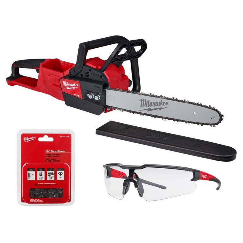 Motosierra eléctrica Milwaukee M18 FUEL 16 in. 18V Brushless (solo herramienta) con cadena extra de 16 in. y lentes de seguridad transparentes - 2727-20-49-16-2715-48-73-2010