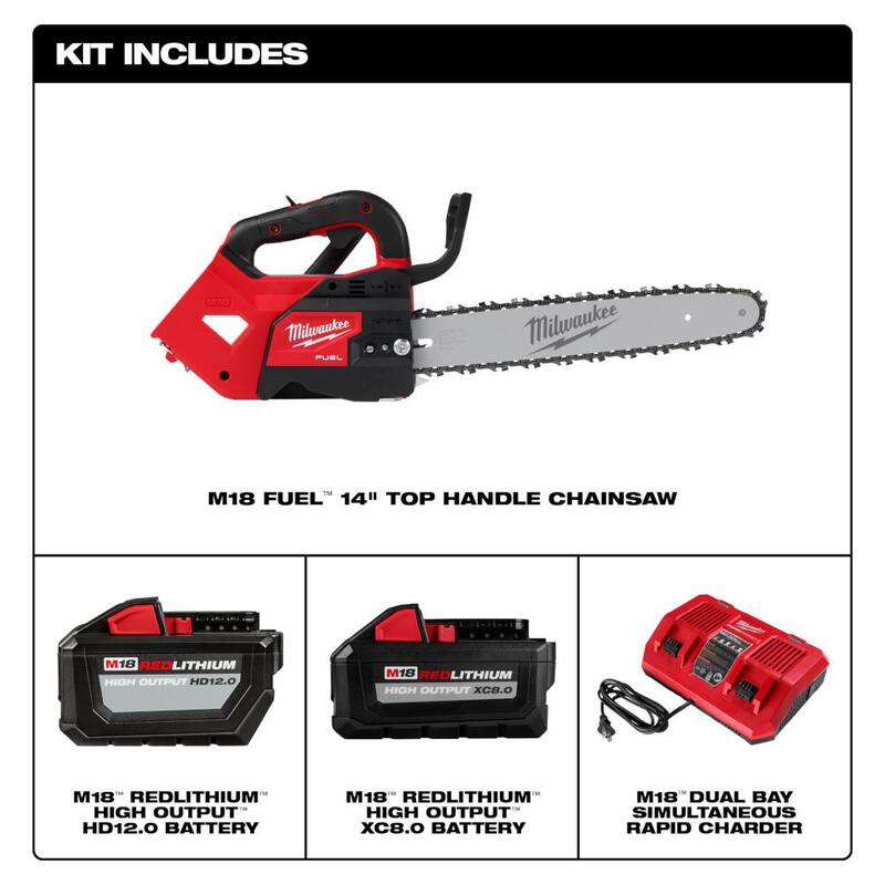 Si traducimos este título omitiendo la marca del producto, sería: "Sierra de cadena con mango superior Milwaukee M18 FUEL de 14 pulgadas, batería de iones de litio de 18V sin escobillas, con kit que incluye batería de 8.0 Ah, batería de 12 Ah y cargador rápido - 2826-22T"