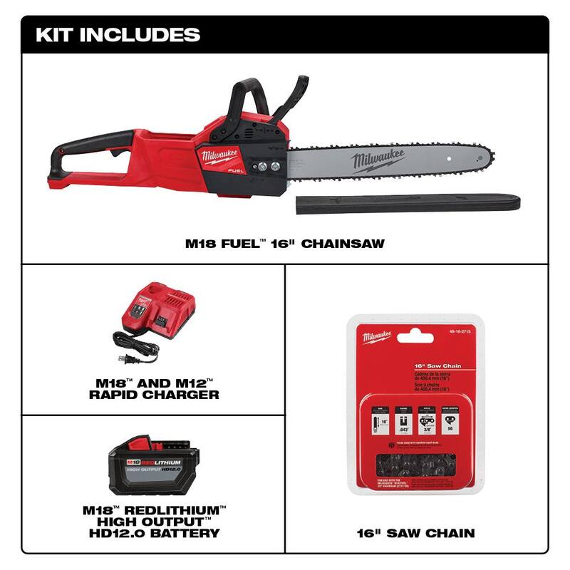 Kit de motosierra con batería sin escobillas Milwaukee M18 FUEL de 16 in. y 18V de iones de litio con 12.0Ah, motosierra de mano de 16 in. - 2727-21HD-49-16-2715.