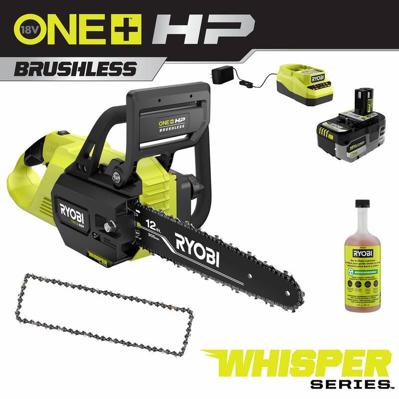 RYOBI ONE+ HP 18V Brushless Whisper Series 12 pulgadas Motosierra a batería con cadena extra, barra y aceite para cadena, batería de 6.0 Ah y cargador - P2570-CMB1