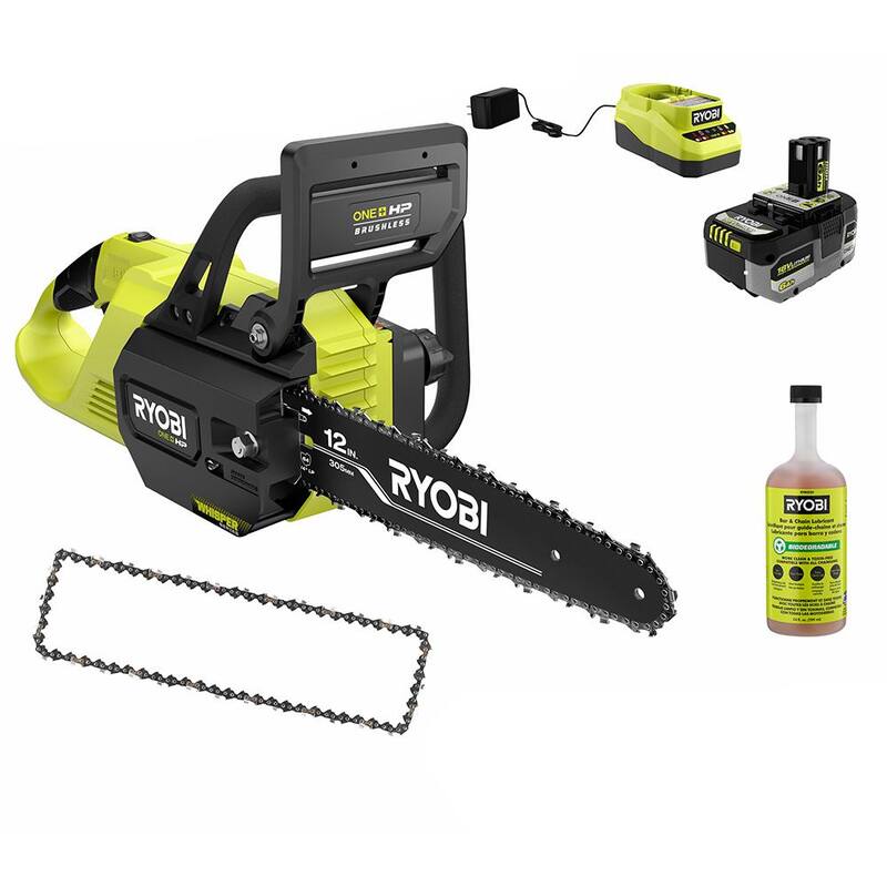 RYOBI ONE+ HP 18V Brushless Whisper Series 12 pulgadas Motosierra a batería con cadena extra, barra y aceite para cadena, batería de 6.0 Ah y cargador - P2570-CMB1