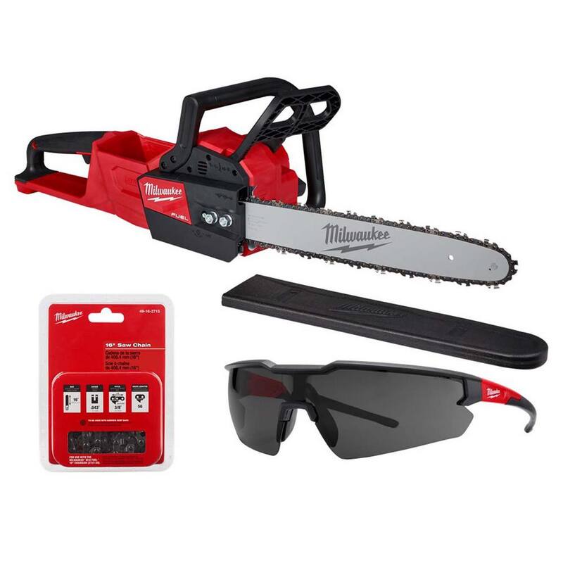 Milwaukee M18 FUEL 16 in. 18V Brushless Electric Battery Chainsaw (Herramienta Únicamente) con Chain adicional de 16 in. y lentes de seguridad tintados - 2727-20-49-16-2715-48-73-2015
