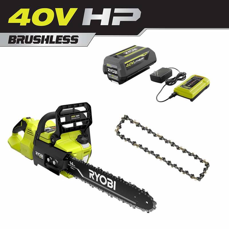RYOBI 40V HP Brushless 14 pulgadas sierra eléctrica de cadena con batería y cadena extra con batería de 4.0 Ah y cargador - RY405100-AC