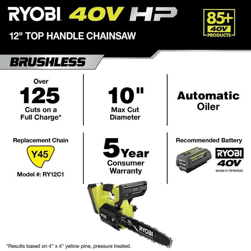 RYOBI 40V HP Brushless 12 pulgadas Motosierra de Batería con Mango Superior (Herramienta Únicamente) - RY40509BTL