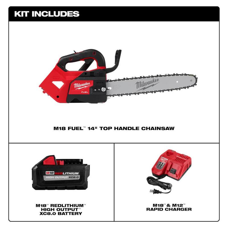 Kit de motosierra inalámbrica Milwaukee M18 FUEL de 14 pulgadas con batería de iones de litio de 18V y cepillo sin escobillas con mango superior, con batería de 8.0 Ah y cargador rápido - 2826-21T