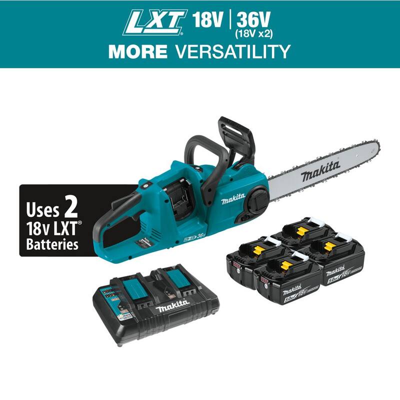 Makita LXT 16 pulgadas 18V X2 (36V) Sierra de cadena a batería de iones de litio sin escobillas con 4 baterías (5.0 Ah) - XCU04PT1
