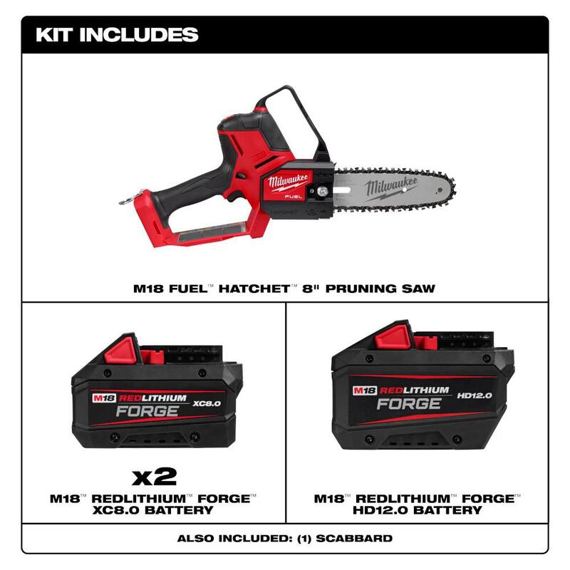Sierra de poda HATCHET sin escobillas de 18V de litio Milwaukee M18 FUEL (1) Batería M18 FORGE de 12.0 Ah, (2) Batería M18 FORGE de 8.0 Ah - 3004-20-48-11-1813-48-11-1881X2.