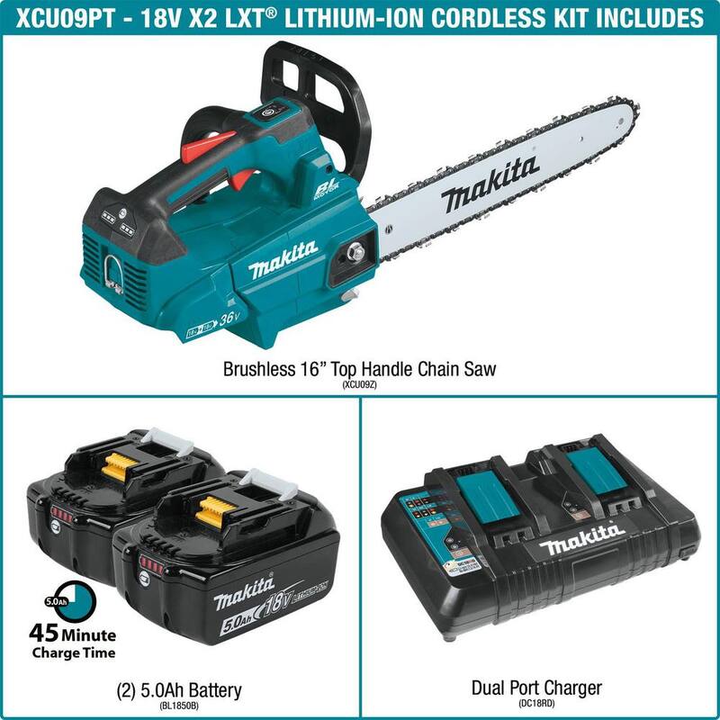 Makita LXT 16 pulgadas 18V X2 (36V) Sierra de Cadena con Mango Superior a Batería de Iones de Litio sin Escobillas Kit (5.0Ah) - XCU09PT