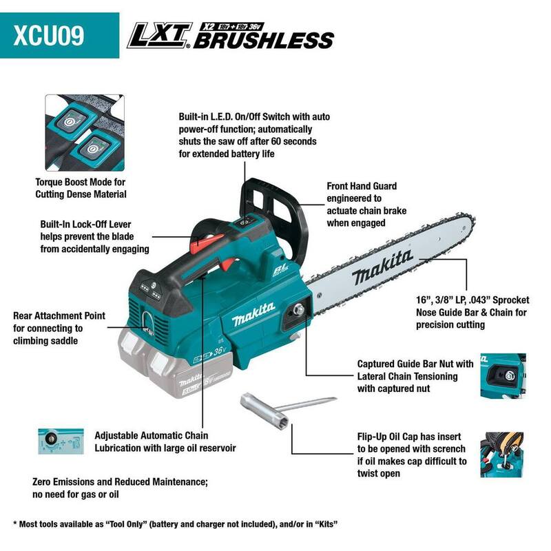 Makita LXT 16 pulgadas 18V X2 (36V) Sierra de Cadena con Mango Superior a Batería de Iones de Litio sin Escobillas Kit (5.0Ah) - XCU09PT