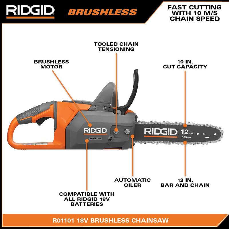 Motosierra inalámbrica RIDGID 18V sin escobillas de 12 pulgadas y podador inalámbrico sin escobillas (solo la herramienta) - R01101B-PNR