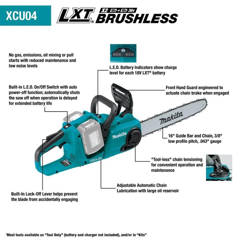 Makita LXT 16 en. 18V X2 (36V) Kit de sierra de cadena con batería de iones de litio sin escobillas (5.0Ah) - XCU04PT