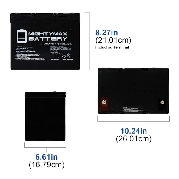 Mighty Max Battery 12V 75Ah Internal Thread Battery Replaces C&D Dynasty UPS12-300MR - ML75-12INT409
