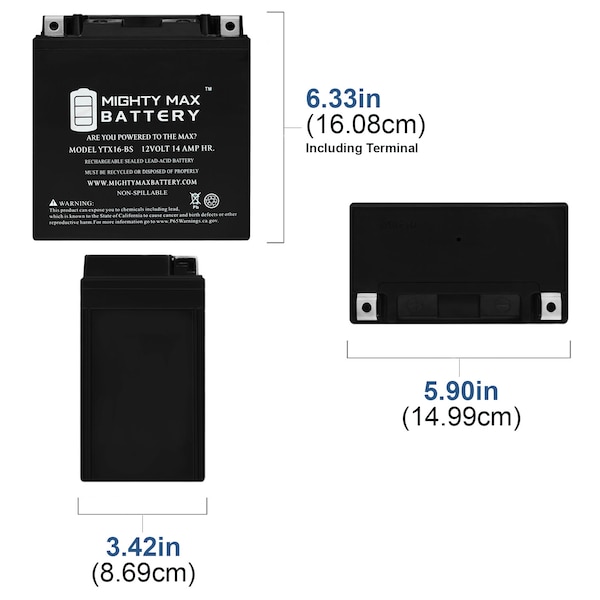 Mighty Max Battery YTX16-BS 12V 14Ah Battery Replacement for Light Bulbs YTX16-BS - YTX16-BS107