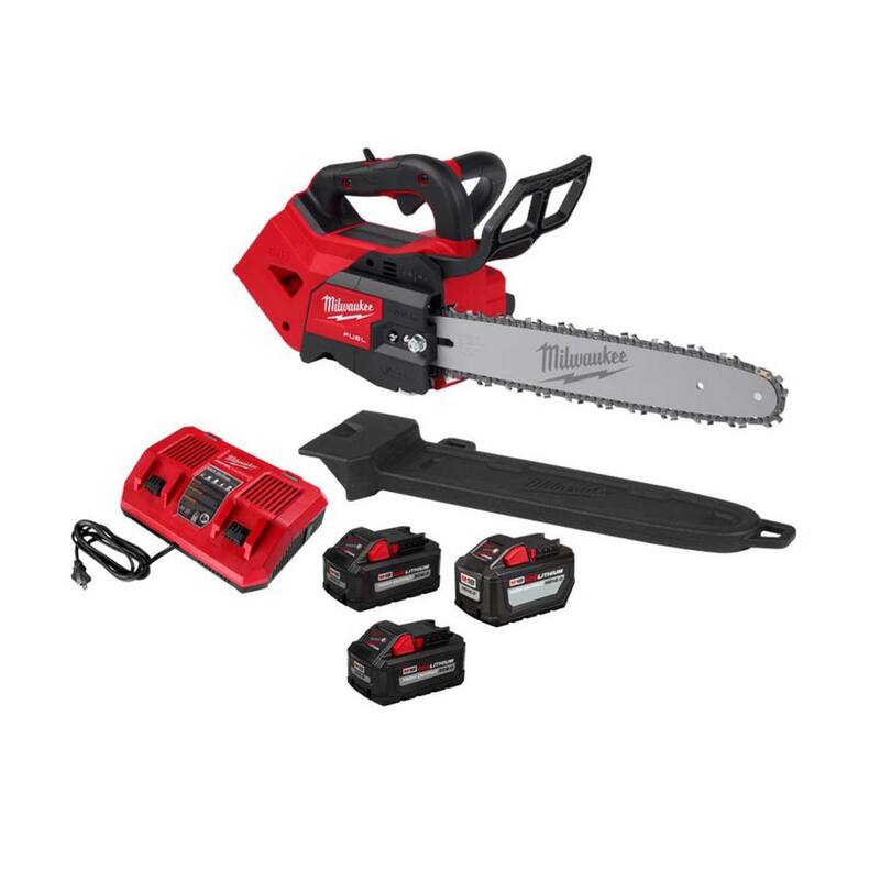 Kit de motosierra Milwaukee M18 FUEL de 14 pulgadas, 18V de iones de litio sin escobillas con manija superior, (2) baterías de 8.0 Ah, 12 Ah y cargador rápido - 2826-22T-48-11-1880