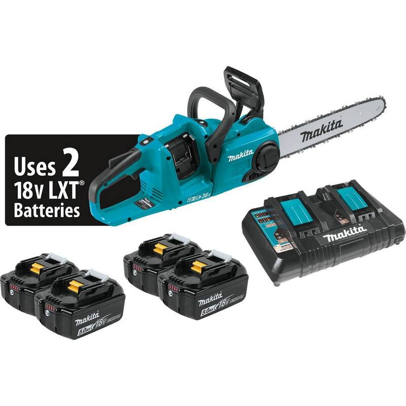 Makita LXT 14 pulgadas 18V X2 (36V) Sierra de cadena con batería de iones de litio sin escobillas, kit con cuatro baterías de 5.0 Ah y cargador - XCU03PT1