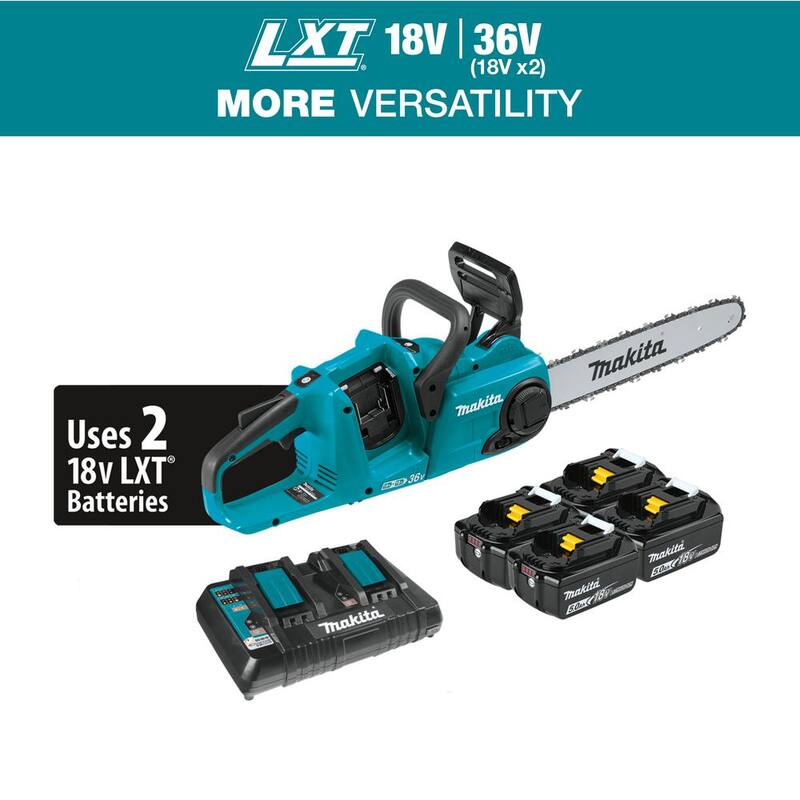 Makita LXT 14 pulgadas 18V X2 (36V) Sierra de cadena con batería de iones de litio sin escobillas, kit con cuatro baterías de 5.0 Ah y cargador - XCU03PT1