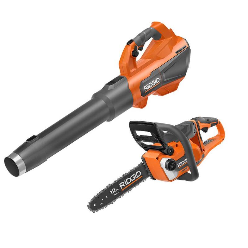Sierra de cadena inalámbrica RIDGID 18V sin escobillas de 12 pulgadas y sopladora de hojas inalámbrica sin escobillas de 130 MPH y 510 CFM (herramienta solamente) - R01101B-BLW