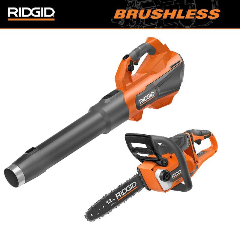 Sierra de cadena inalámbrica RIDGID 18V sin escobillas de 12 pulgadas y sopladora de hojas inalámbrica sin escobillas de 130 MPH y 510 CFM (herramienta solamente) - R01101B-BLW