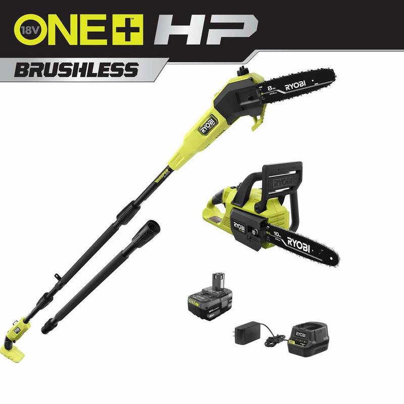 RYOBI ONE+ HP 18V Motosierra inalámbrica de 10 pulgadas y Sierra de poste Whisper Series de 8 pulgadas con batería de 4.0 Ah y cargador - P2520-PS