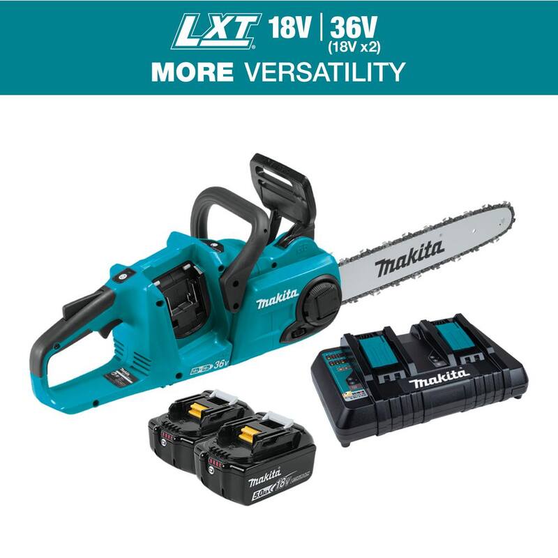 Siomply Cambio de Batería de Sierra de Cadena con Mango Trasero sin Escobillas de Iones de Litio de 18V X2 (36V) de 14 pulgadas LXT de Makita con (2) Baterías 5.0Ah, Cargador - XCU03PT