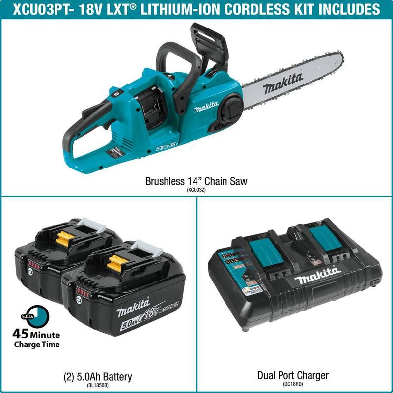 Siomply Cambio de Batería de Sierra de Cadena con Mango Trasero sin Escobillas de Iones de Litio de 18V X2 (36V) de 14 pulgadas LXT de Makita con (2) Baterías 5.0Ah, Cargador - XCU03PT