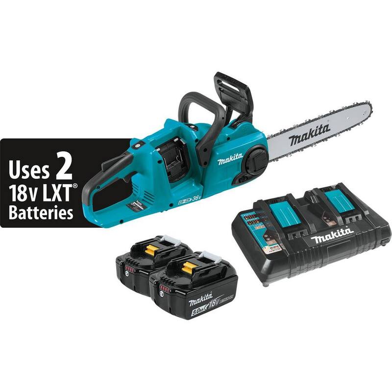 Siomply Cambio de Batería de Sierra de Cadena con Mango Trasero sin Escobillas de Iones de Litio de 18V X2 (36V) de 14 pulgadas LXT de Makita con (2) Baterías 5.0Ah, Cargador - XCU03PT