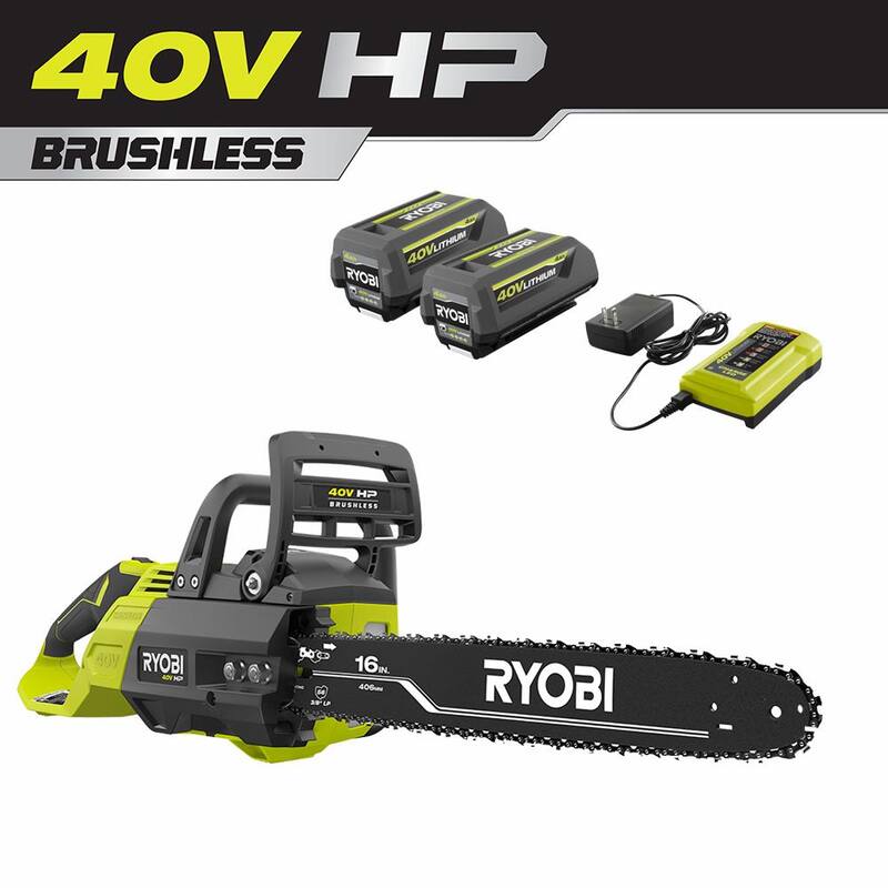 Motosierra eléctrica RYOBI 40V HP sin escobillas de 16 pulgadas con (2) Baterías de 4.0 Ah y (1) Cargador - RY40550-2B