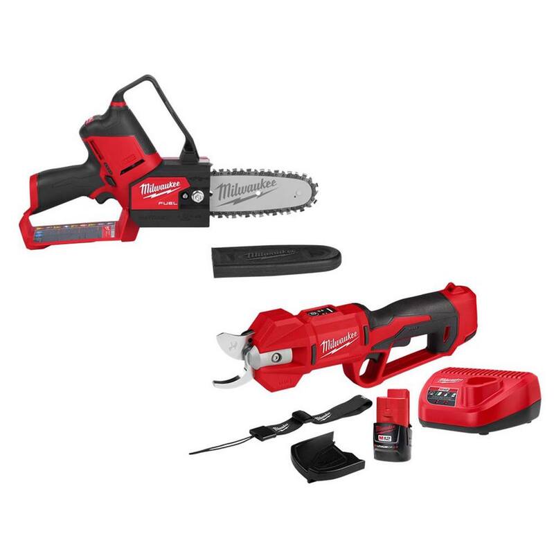 Sierra podadora eléctrica inalámbrica Milwaukee M12 FUEL de 12V y 6 pulgadas con tecnología Brushless y batería de ion de litio, con kit de podadoras M12 - 2527-20-2534-21.