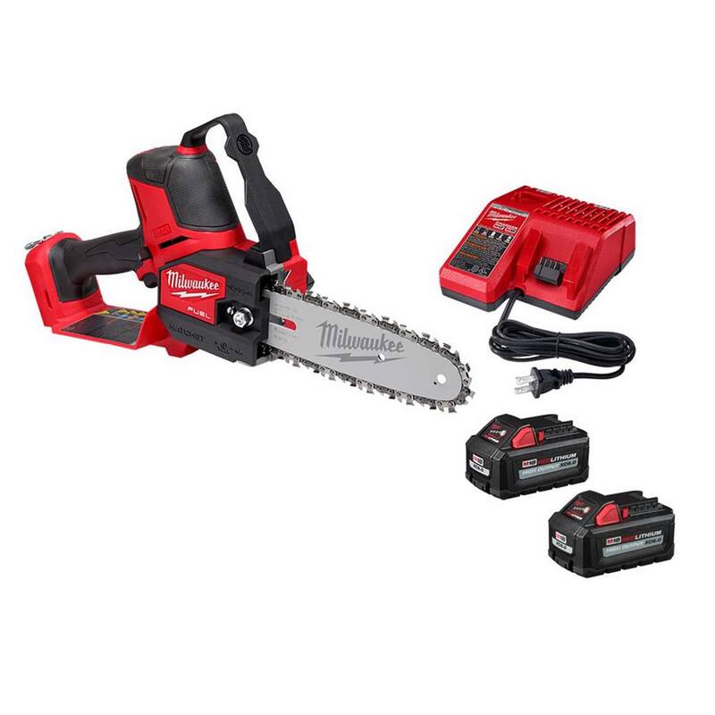 Sierra de poda Milwaukee M18 FUEL de 8 pulgadas, sin escobillas de 18V con batería de iones de litio y kit de sierra de poda con (2) baterías de alto rendimiento de 6.0 Ah y cargador - 3004-21P-48-11-1865