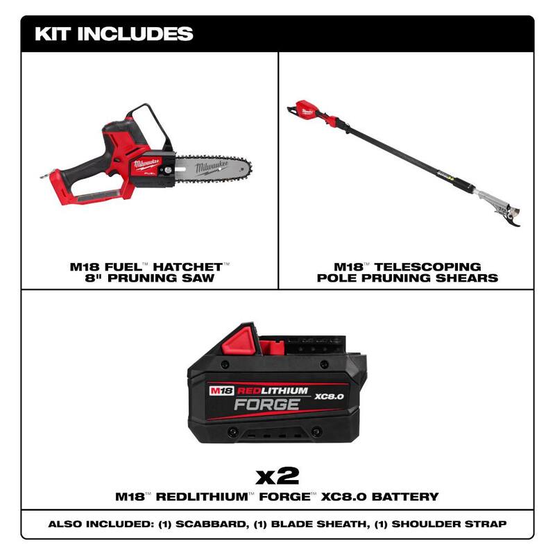 Podadora de poda de hacha Milwaukee M18 FUEL Brushless de 18V de 8 pulgadas con tijeras de podar telescópicas M18 FUEL, (2) baterías M18 FORGE de 8.0 Ah - 3004-20-3008-20-48-11-1881-48-11-1881.