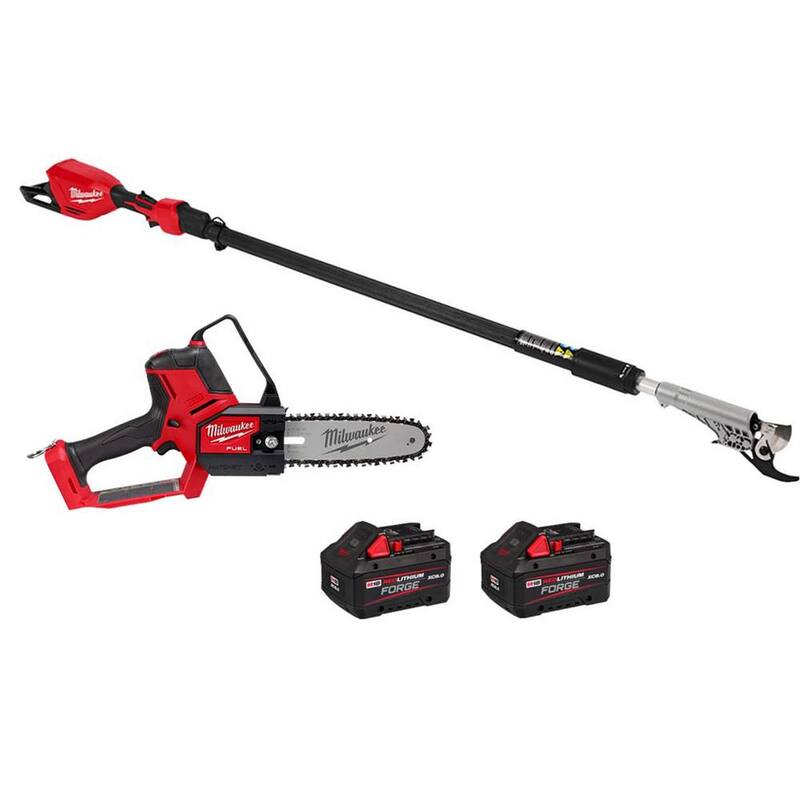 Podadora de poda de hacha Milwaukee M18 FUEL Brushless de 18V de 8 pulgadas con tijeras de podar telescópicas M18 FUEL, (2) baterías M18 FORGE de 8.0 Ah - 3004-20-3008-20-48-11-1881-48-11-1881.