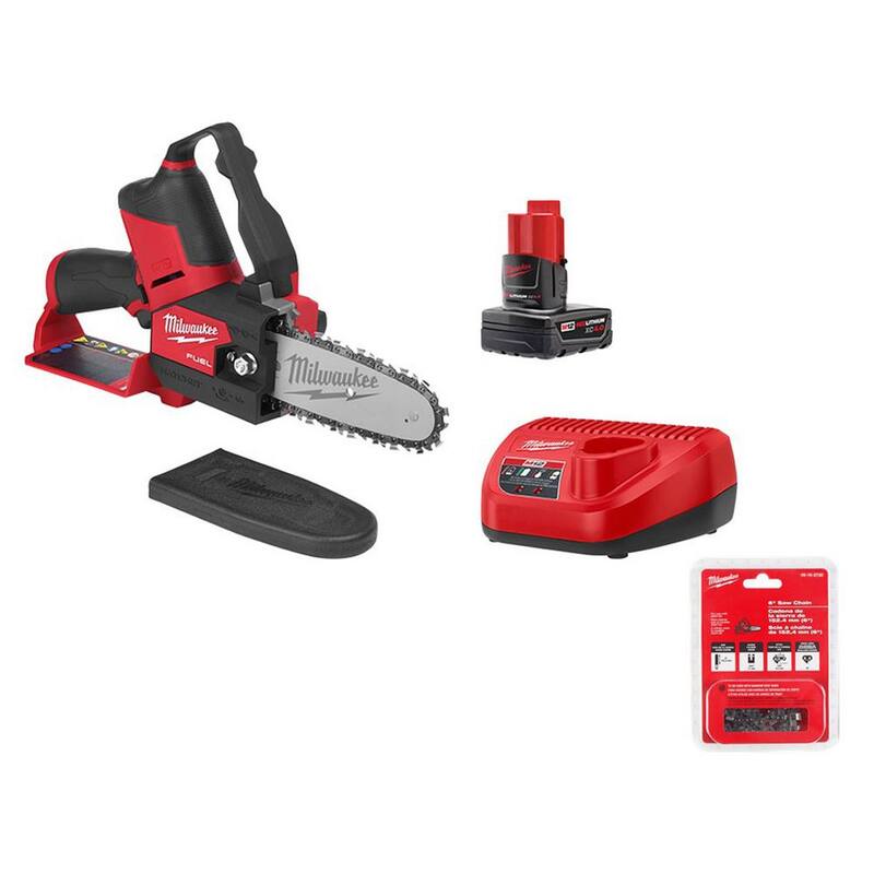 Hacha de poda eléctrica Milwaukee M12 FUEL de 6 pulgadas con batería de 12V de iones de litio sin escobillas, kit de sierra de poda con batería de 4.0 Ah, cargador y cadena extra - 2527-21-49-16-2732