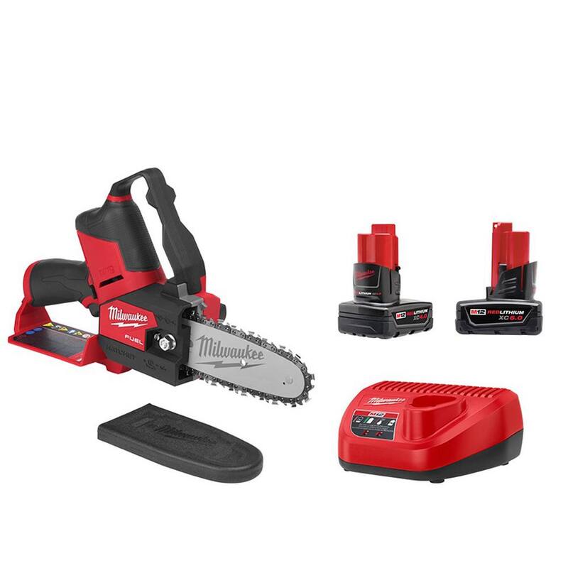 Milwaukee M12 FUEL 12V Lithium-Ion Brushless Battery 6 in. HATCHET Chainsaw Kit con batería de 6.0 Ah y 4.0 Ah, cargador - 2527-21-48-11-2460