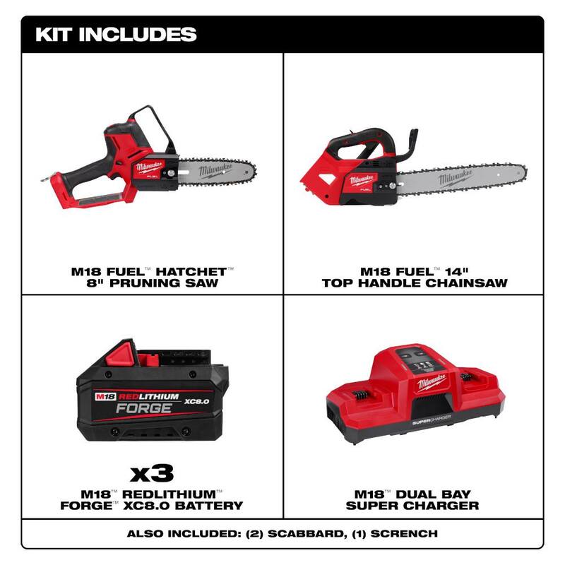 Milwaukee M18 FUEL 18V Brushless 8 in. HATCHET Pruning Saw Top Handle Chainsaw, (3) FORGE 8.0 Ah Battery, Dual Bay Super Charger - 3004-20-2826-20T-48-59-1881SC-48111881X2

Hacha podadora de poda con sierra de cadena de mango superior sin escobillas Milwaukee M18 FUEL 18V de 8 pulgadas, (3) baterías FORGE de 8.0 Ah, cargador súper doble bay - 3004-20-2826-20T-48-59-1881SC-48111881X2.