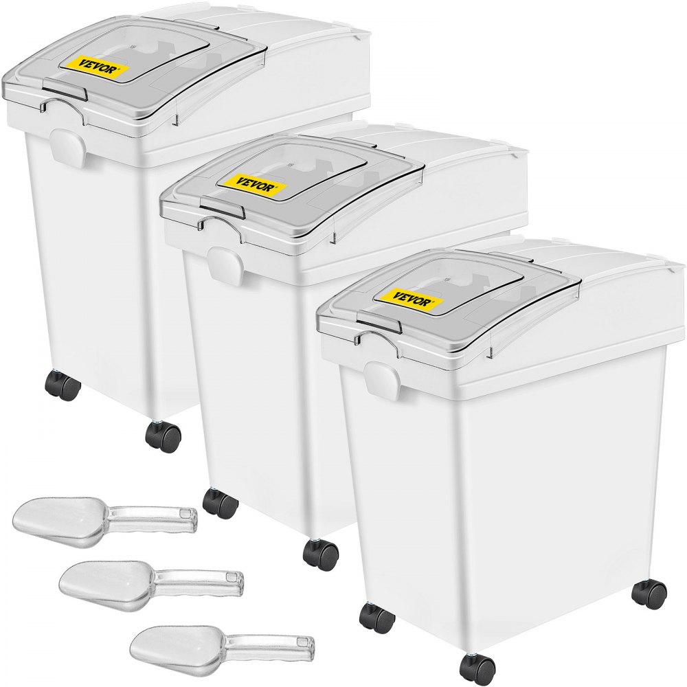 VEVOR Ingredient Bin, 6.6 Gallons Capacity Ingredient Storage Bin, 3 Pcs/Set, PP Material Flour Bins On Wheels, White Shelf Ingredient Bin with Scoop and Sliding Lid, Commercial Storage Bins - MX20QKSGM00000001V0