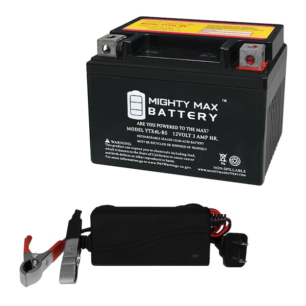 Mighty Max Battery YTX4L-BS SLA Replaces RideOn Mower ATV Quad Buggy With 12V 1Amp Charger - MAX3832095