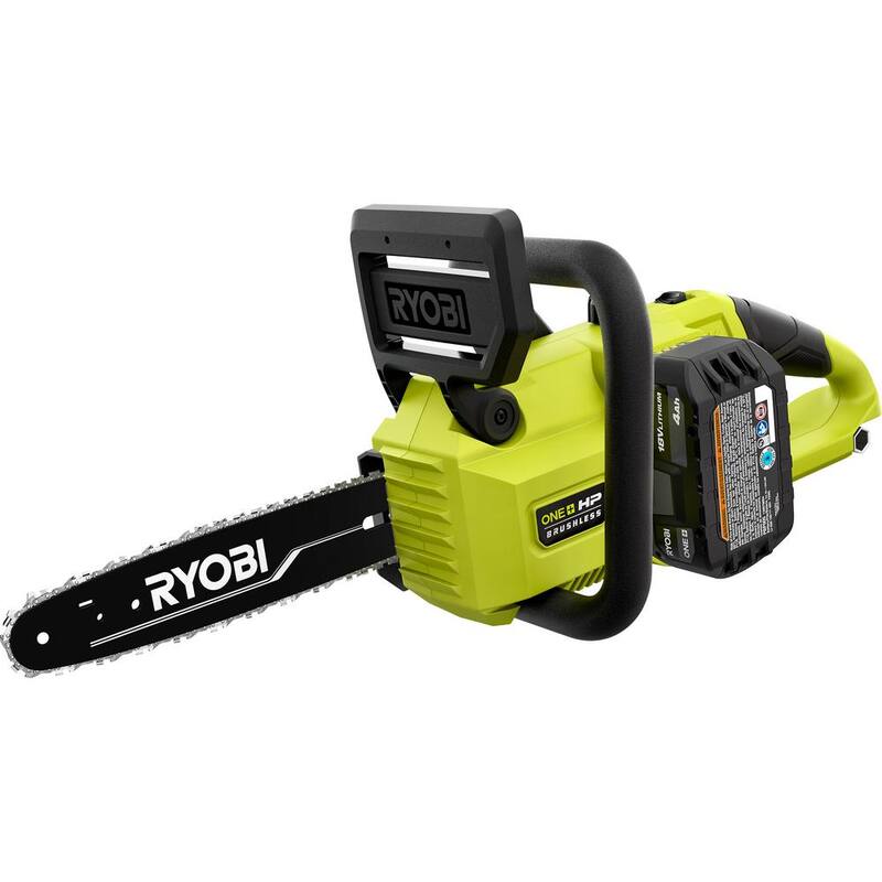 RYOBI ONE+ HP 18V Motosierra inalámbrica con motor sin escobillas de 10 pulgadas con cadena adicional, aceite para barra y cadena biodegradable, batería de 4.0 Ah y cargador - P2520-CMB1