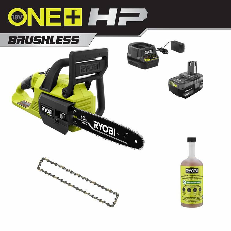 RYOBI ONE+ HP 18V Motosierra inalámbrica con motor sin escobillas de 10 pulgadas con cadena adicional, aceite para barra y cadena biodegradable, batería de 4.0 Ah y cargador - P2520-CMB1