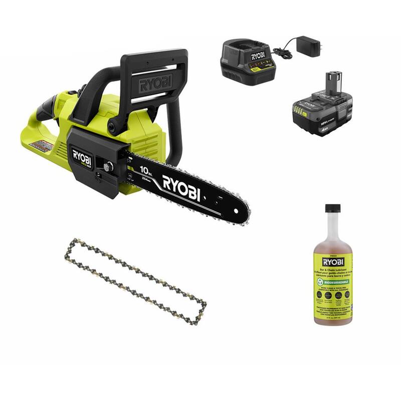 RYOBI ONE+ HP 18V Motosierra inalámbrica con motor sin escobillas de 10 pulgadas con cadena adicional, aceite para barra y cadena biodegradable, batería de 4.0 Ah y cargador - P2520-CMB1