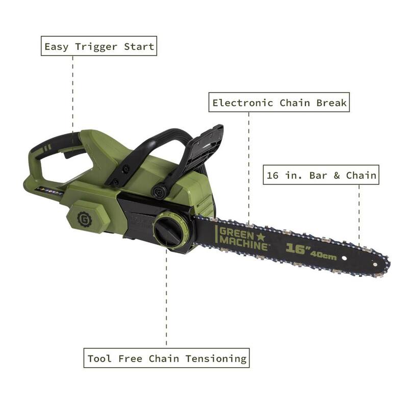 Máquina Verde 62V Brushless 16 pulgadas Sierra de Cadena con sistema de auto-tensión, inicio fácil con gatillo y batería de 4 Ah y cargador - GMCS6200