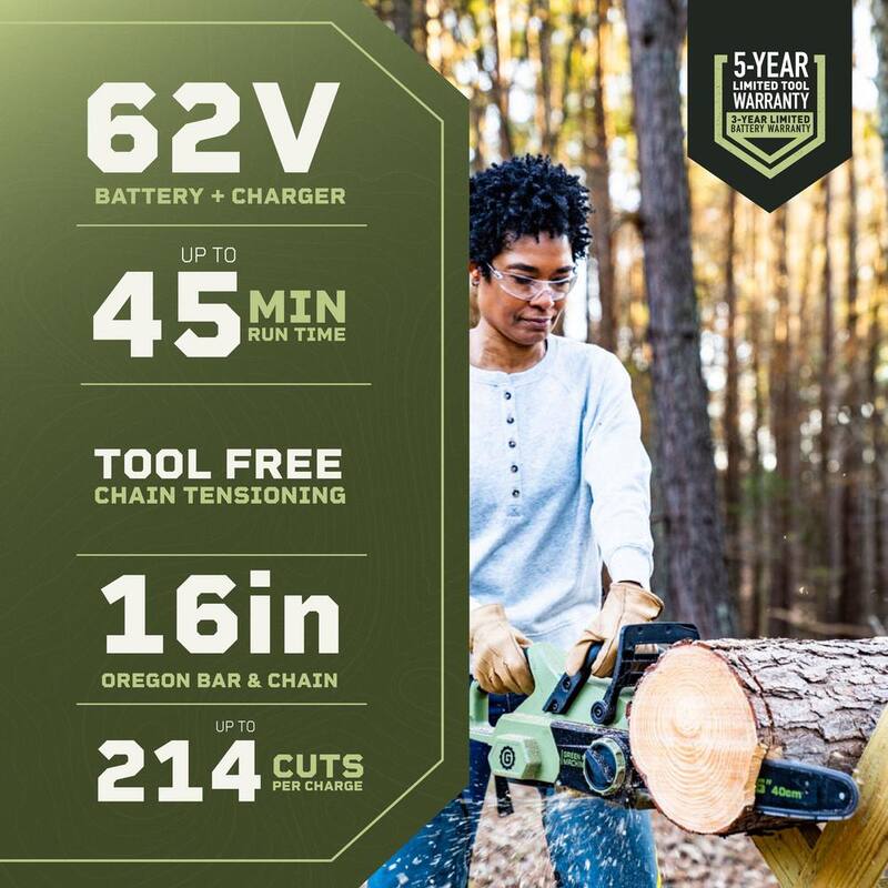 Máquina Verde 62V Brushless 16 pulgadas Sierra de Cadena con sistema de auto-tensión, inicio fácil con gatillo y batería de 4 Ah y cargador - GMCS6200
