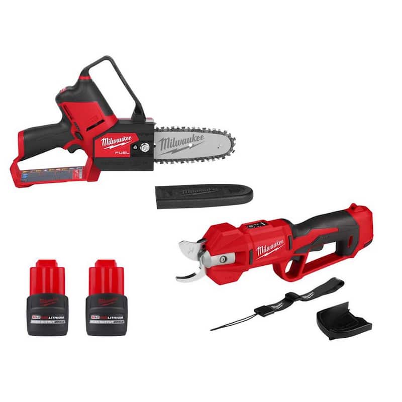 Sierra de poda sin cable Milwaukee M12 FUEL de 6 pulgadas con batería de iones de litio de 12V y motor sin escobillas, HACHA con tijeras podadoras, (2) baterías - 2527-20-2534-20-48-11-2425-48-11-2425.