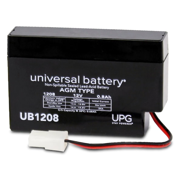 Upg Sealed Lead Acid Battery, 12 V, .8Ah, UB1208, WL (Wire Lead) Terminal with Amp Connector, AGM Type - 45791