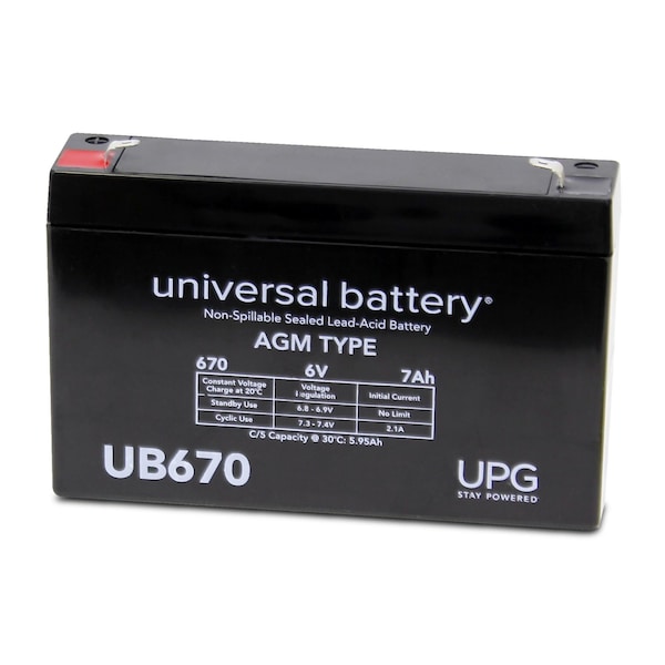 Upg Sealed Lead Acid Battery, 6 V, 7Ah, UB670, F1 Faston Tab Terminal, AGM Type - D5734