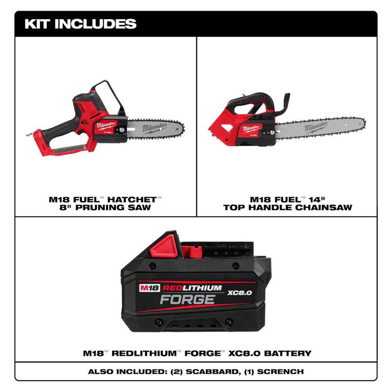 Herramienta de poda HATCHET sin escobillas de 18 V Milwaukee M18 FUEL con sierra de poda de mango superior de 14 pulgadas M18 FUEL, (1) batería M18 FORGE de 8.0 Ah - 3004-20-2826-20T-48-11-1881.