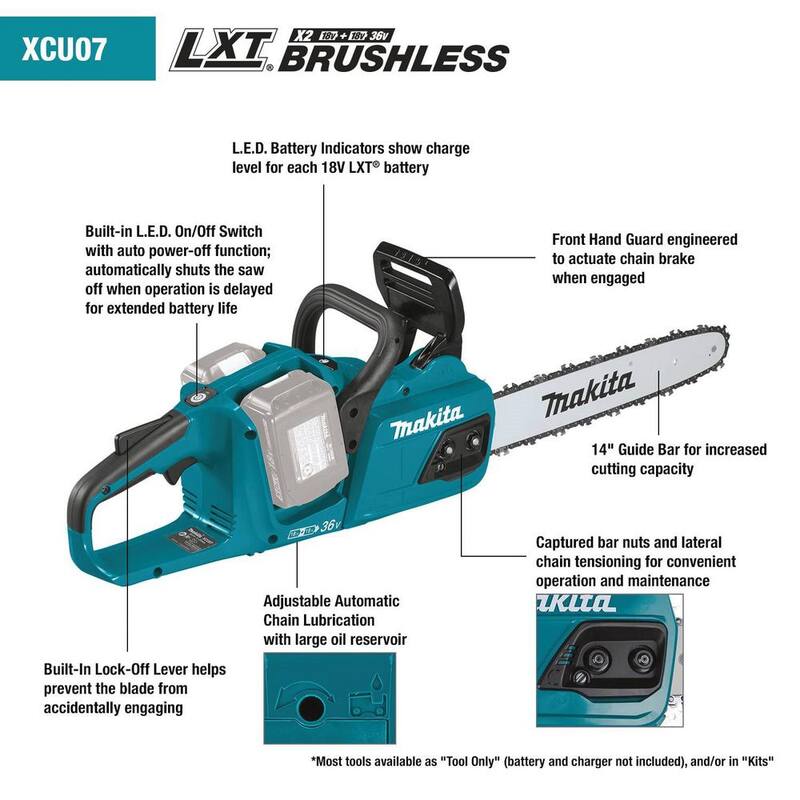 Kit de sierra de cadena con batería de ion de litio sin escobillas Makita LXT de 14 pulgadas y 18V X2 (36V) (5.0Ah) - XCU07PT