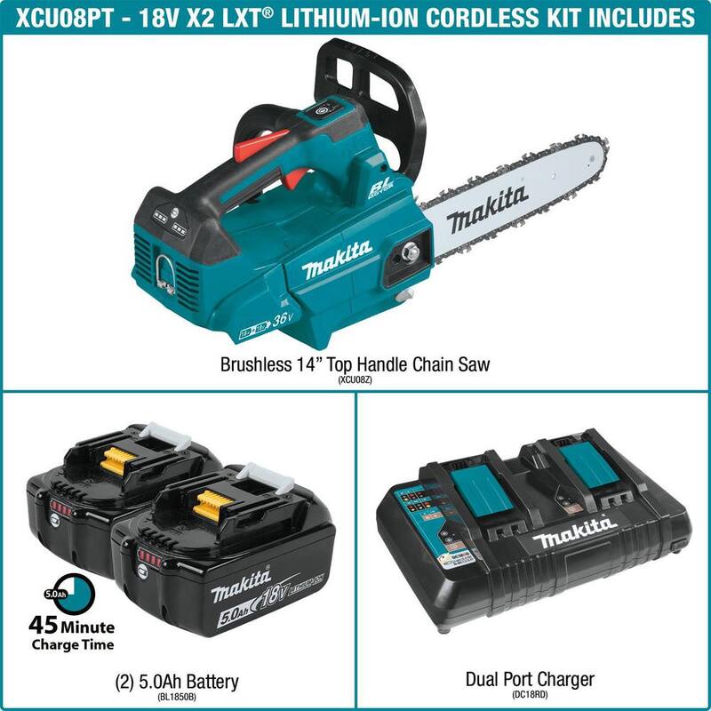 Makita LXT 14 pulgadas 18V X2 (36V) Kit de motosierra inalámbrica con batería de litio-ion sin escobillas y mango superior (5.0Ah) - XCU08PT
