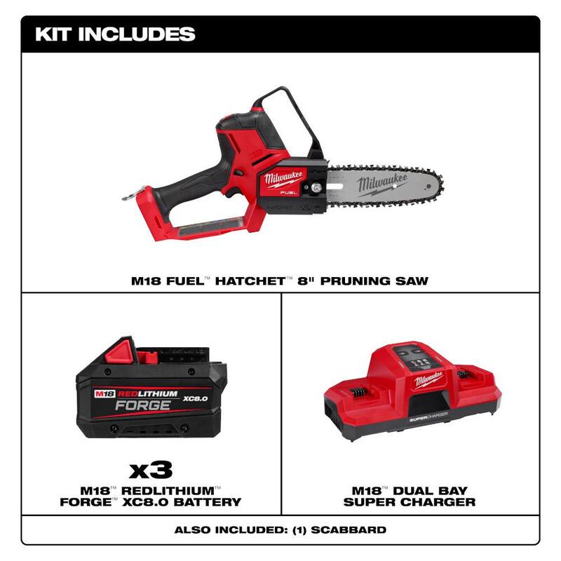 Si estás traduciendo un título y no quieres traducir la marca del producto, podrías decir:

Podadora de poda con sierra Milwaukee M18 Fuel 18V Brushless de 8 pulgadas con (3) baterías de Forge XC 8.0 Ah y cargador súper dual simultáneo de bahía dual - 3004-20-48-59-1881SC-48-11-1881X2.