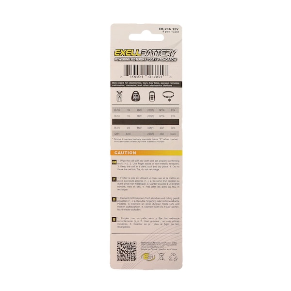 Exell Battery 5pk EB-23A 12V Alkaline Battery Replaces V23GA, L1028, MS21/MN21, A23 - EB-A23